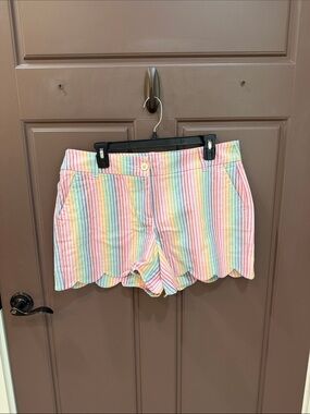 Crown & Ivy Scallop Hem Pastel Rainbow Stripe High-Waist Shorts
